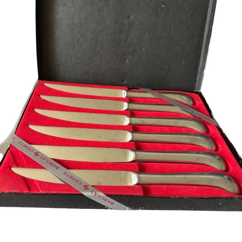 Vintage Barclay Geneve Oyster Bay 6 Pc Steak Knife Set Pistol Grip